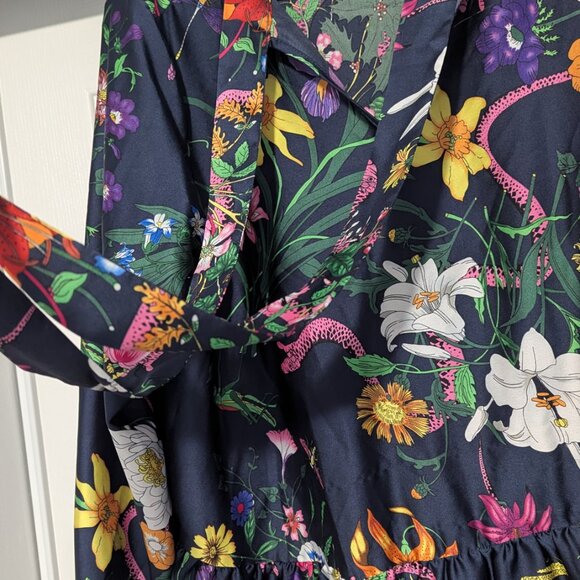 Ellos Size 12 Silky Floral Dress Shirt Tie Neck Collar Peplum - Picture 3 of 6